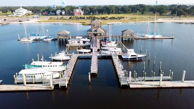 Flying my drone over a Dock in Biloxi Mississippi on the beach over a small Harbor.