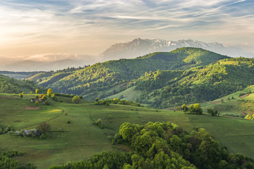 Beautiful sunrise over mountains and hills