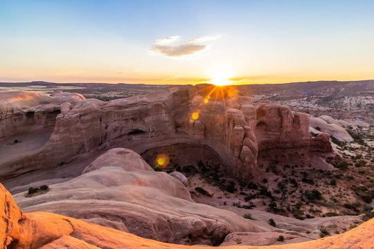 Sunrise over beautiful rock formations in Arches National Park, Utah