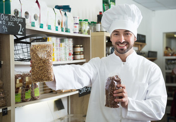chef buys the best groceries in grocery store