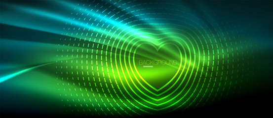 Neon glowing wave, magic energy and light motion background. Wallpaper template, hi-tech future concept