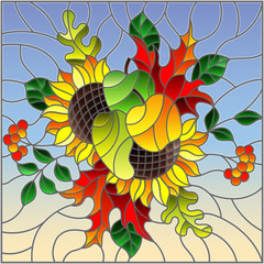 Illustration in stained glass style with autumn composition, bright leaves,flowers and fruits on sky background, rectangular image