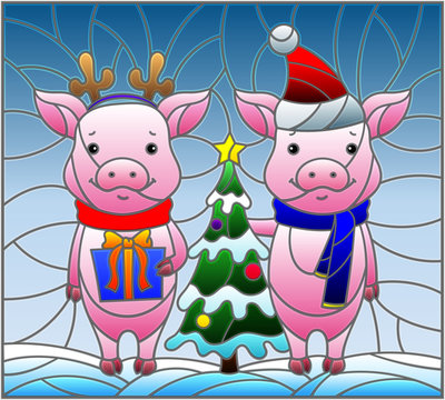 Illustration in stained glass style with a pair of cartoon pigs and a Christmas tree on a background of snow and sky