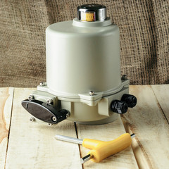Small electric drive (actuator) gray colour for valves. Isolate . Еxplosion-proof. . Caption: open, closed.