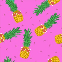 Pineapple with sunglasses seamless pattern.  Wrapping paper. Vector pink background.