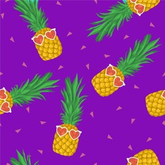 Pineapple with heart sunglasses seamless pattern. Vector violet background.