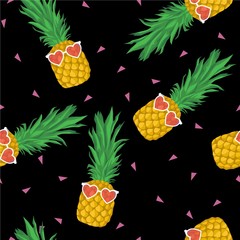 Pineapple with sunglasses seamless pattern on black. Vector background.