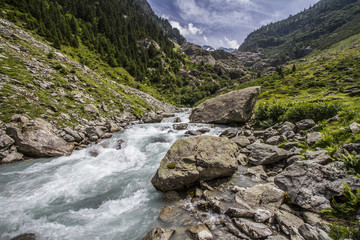 SWISS ALPS  NATURE. MOUNTAIN LANDCSAPE WITH BROOK