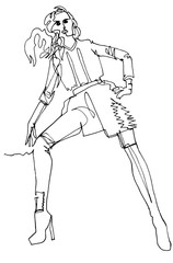 Model in dynamic pose shows fashionable outfit