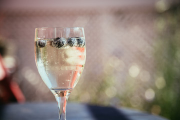 Sektglas mit Heidelbeeren auf Balkon, Urlaub