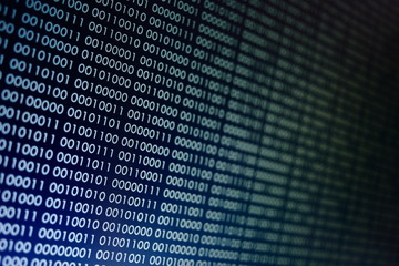 blocks of binary data. Blockchain concept. blue background with computer digital binary code bit...