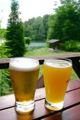 Two cold beers, blonde and white, on a wooden table with lake, grass and trees in the background at sunset