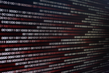 blocks of binary data. Blockchain concept. red background with computer digital binary code bit number one and zero text. computer problems concept.