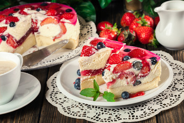 Cheesecake with strawberries, blueberry and jelly