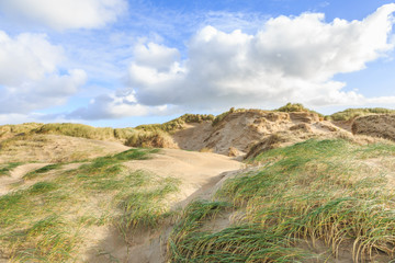 Dune valleys with deep wind holes carved out by heavy storm with swaying marram grasses with scattered clouds against blue sky