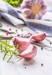 Garlic Cloves and Bulbs with rosemary salt and pepper.