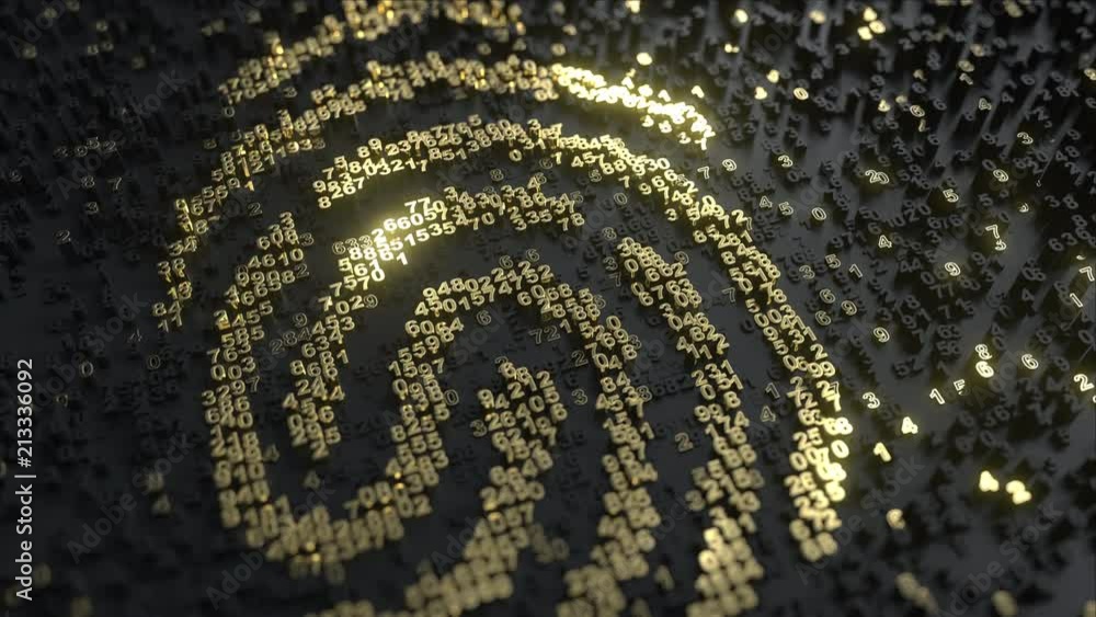 Poster fingerprint made of gold numbers. digital identity, personal data or forensics related conceptual an