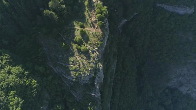 Skaklya Waterfall near the village of Bov and Vazov's footpath. Aerial 4k footage, summer beautiful nature in Bulgaria