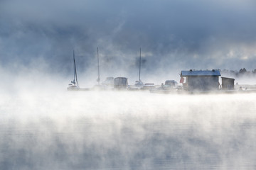 Foggy misty lake landscape in Colorado, USA