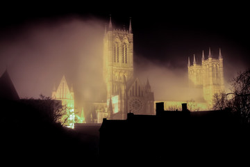 Foggy cathedral at night
