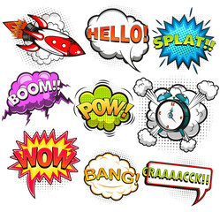 Comic speech bubbles. Rocket. Alarm clock. Sound effects. Illustration