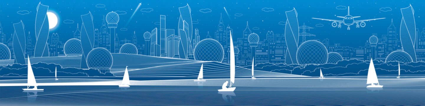 Futuristic City infrastructure panoramic illustration. Airplane fly. Night town at background. Sailing yachts on water. White lines. Vector design art