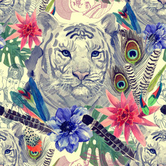 Vintage indian style tiger head pattern with feathers, flowers and leaves. Watercolor hand drawn.