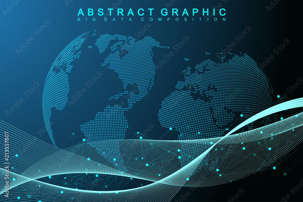 Poster Big data visualization. Graphic abstract background communication. Perspective backdrop. Minimal array. Digital data visualization. Representing the global, international meaning. Vector illustration.
