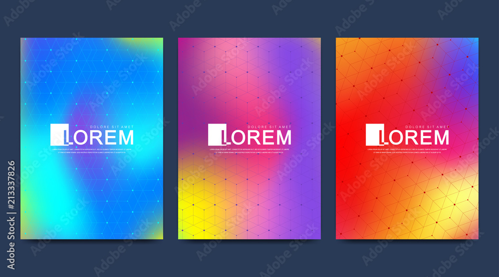 Poster Modern vector template for brochure leaflet flyer cover banner catalog in A4 size. Abstract fluid 3d shape vector trendy liquid colors backgrounds set. Geometric texture with connected lines and dots.