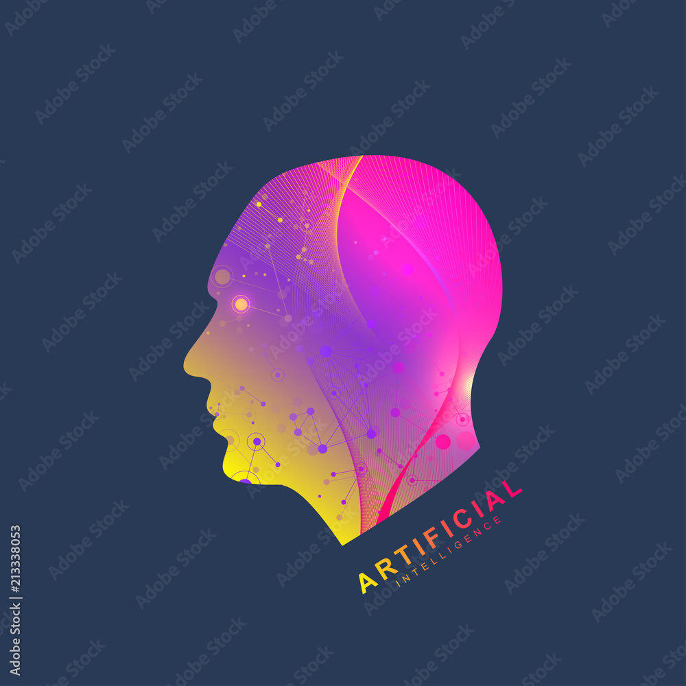 Poster Futuristic Artificial Intelligence and Machine Learning Concept.. Human Big Data Visualization. Wave Flow Communication, Scientific vector illustration.