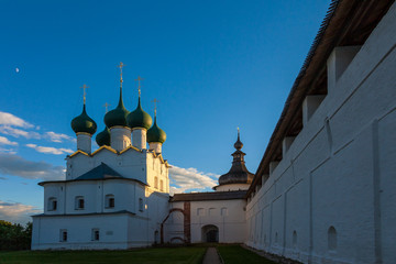 Walls, Palace and Cathedral of the Rostov Kremlin at sunset in summer