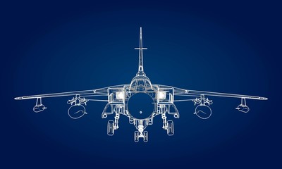 Military jet fighter silhouettes. Image of aircraft in contour drawing lines. The internal structure of the aircraft.