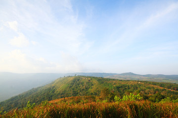 Beautiful landscape and fog on the mountain and blue sky. Sunrise shining to the mist in forest of Thailand.
