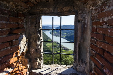 View of historic Aggstein castle ruin on the Danube river. Lower Austria.