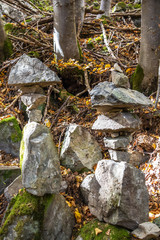 Rock balancing on forest background at Vitosha Mountain, Vitosha Nature Park, Sofia, Bulgaria