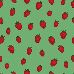 Strawberry seamless pattern on green. Vector background. Wrapping paper.