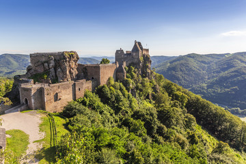 Fototapeta na wymiar View of historic Aggstein castle ruin on the Danube river. Lower Austria.