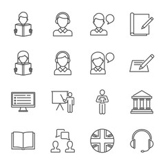 English-language test, language learning set of vector icons outline style