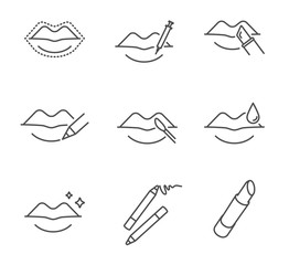 Lips makeup and cosmetology vector icons set outline style