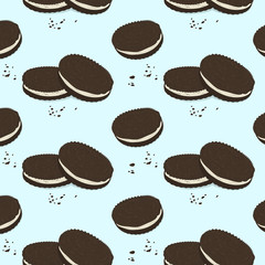 Vector chocolate sandwich cookies pattern. Cute food texture. Delicious cake breakfast print. Chip double chocolate biscuits. Baking menu decoration