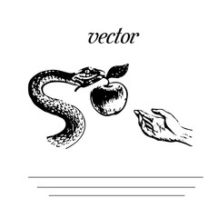 Metaphor from the book The Bible, Snake is holding an apple, silhouette on a white background,