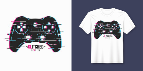 Stylish t-shirt and apparel trendy design with glitchy gamepad,  © rikkyal