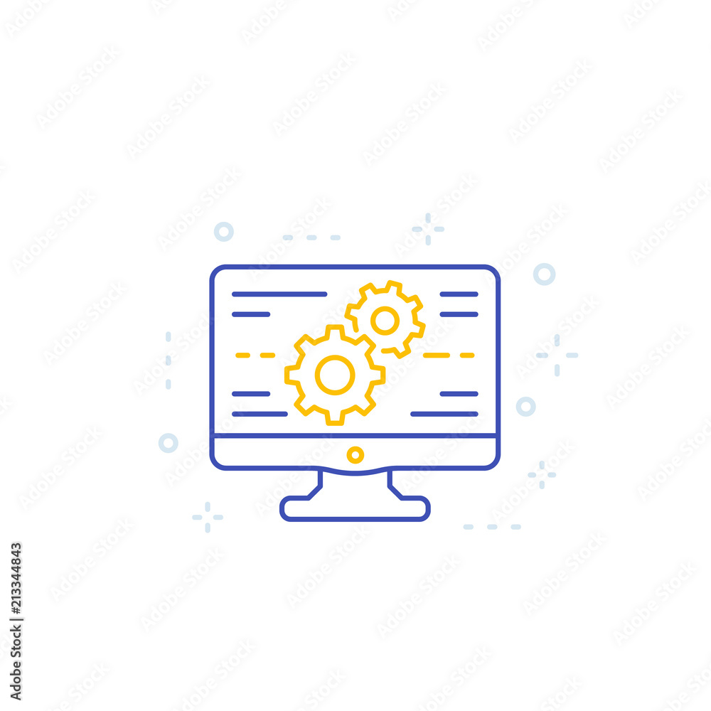 Poster computer and gears, cogwheels line icon, settings and configuration vector