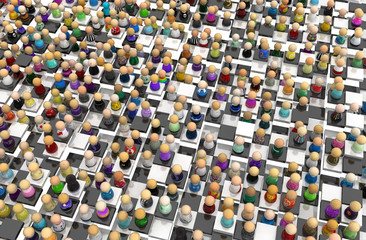 Fototapeta premium Cartoon Crowd, Chessboard Floor