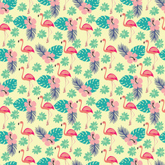  pattern with flamingo and palm leaves, exotic birds and flowers