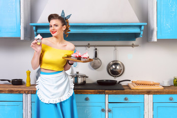Retro pin up cute colrful girl woman female housewife wearing colorful top, skirt and white apron...