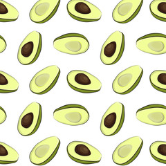 Half avocado pattern. Vector avocado slices, organic texture. Summer exotic ingridients. Seeds of delicious fruit. Healthy snack cover print