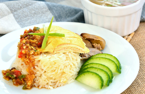 Hainanese chicken rice (Thai name is Khao man kai)