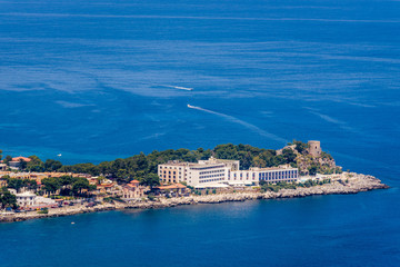 View of the seaside resort town of Mondello in Palermo, Sicily. White beach and turquoise crystal clear sea. HD View of the gulf from the top of Monte Pellegrino.