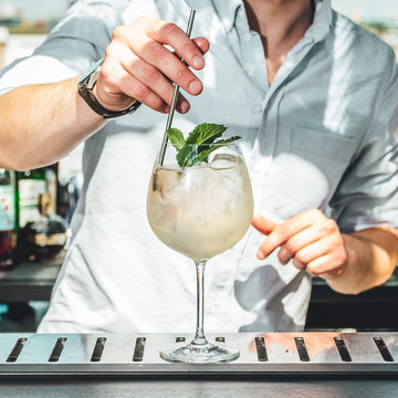 Bartender Making Alcoholic Cocktails! Cocktail Bar In Summer 